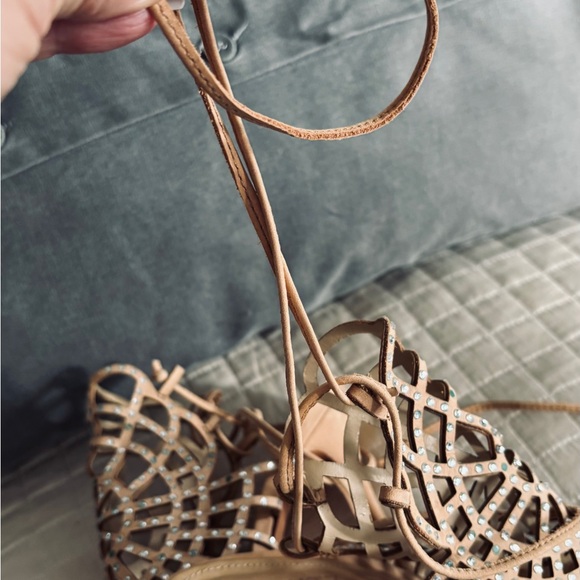 SCHUTZ Tan Leather Strappy Heels with Rhinestones - Picture 5 of 7